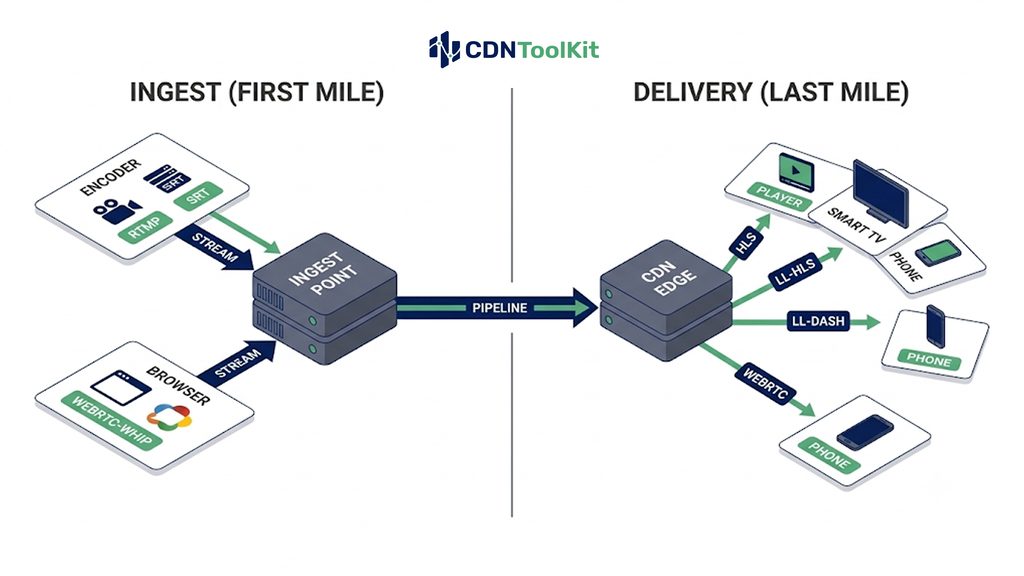 Live streaming split into contribution (RTMP, SRT, WebRTC ingest) and distribution (HLS, DASH, LL-HLS delivery)