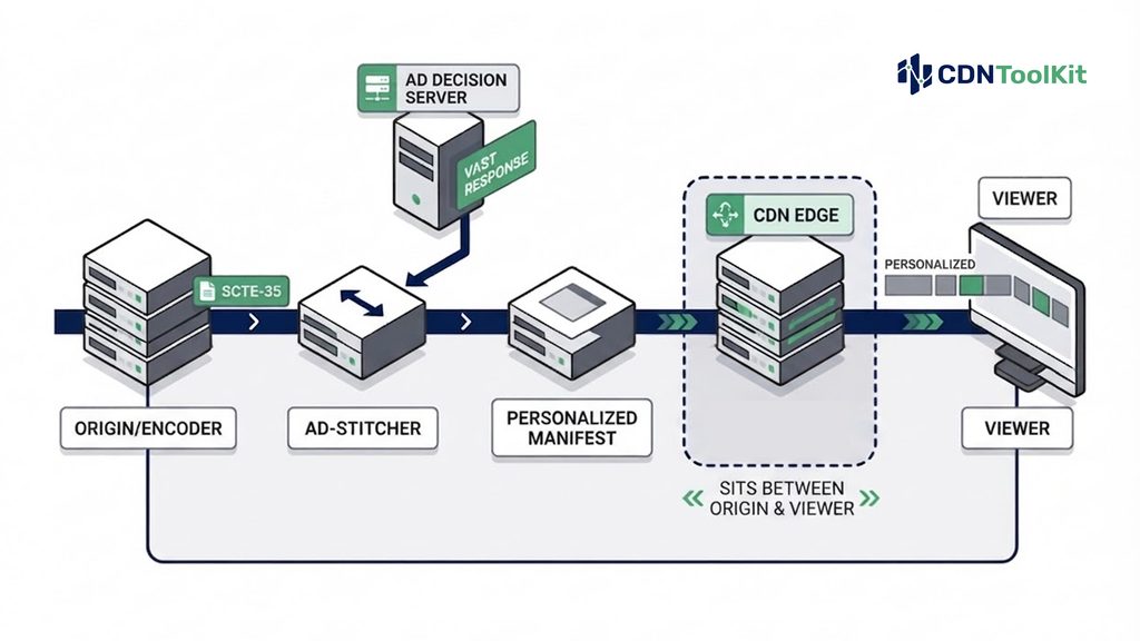 How built-in video monetization, ad insertion works pipeline: SCTE-35 marker, ad decision server, VAST response, manifest stitching, CDN delivery