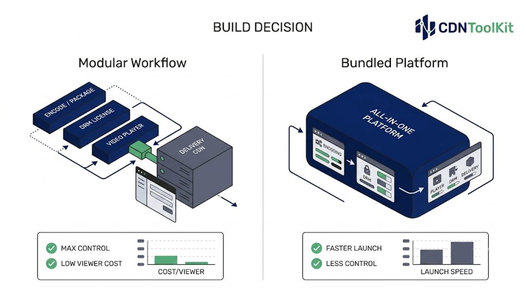 When deciding best CDN for OTT, comparison of building an OTT platform on a pure CDN plus your own media stack versus an all-in-one online video platform