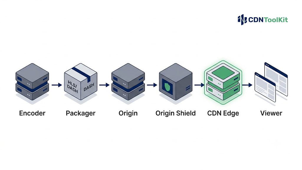 Diagram of the video delivery path: encoder to packager to origin to origin shield to CDN edge to viewer
