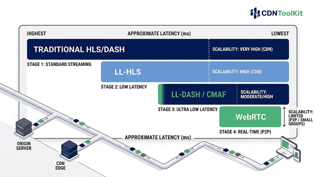 A yypical glass-to-glass latency ranges for HLS/DASH, LL-HLS, LL-DASH, and WebRTC, for when you need to choose the best CDN for live streaming