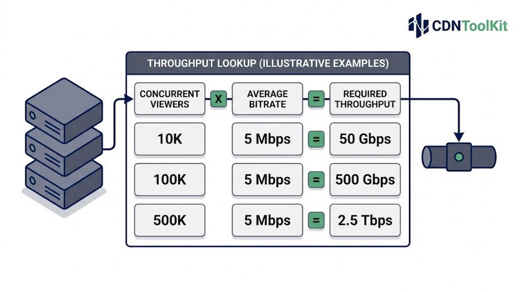 How concurrent viewer count multiplied by per-stream bitrate determines required CDN throughput