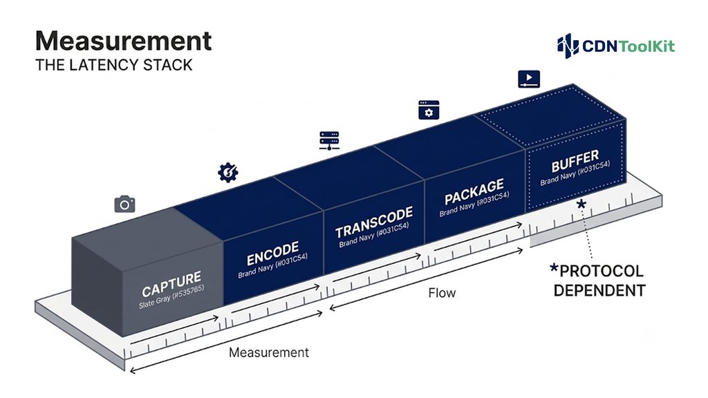 Glass-to-glass latency broken down by stage: capture, encode, package, CDN propagation, and player buffer