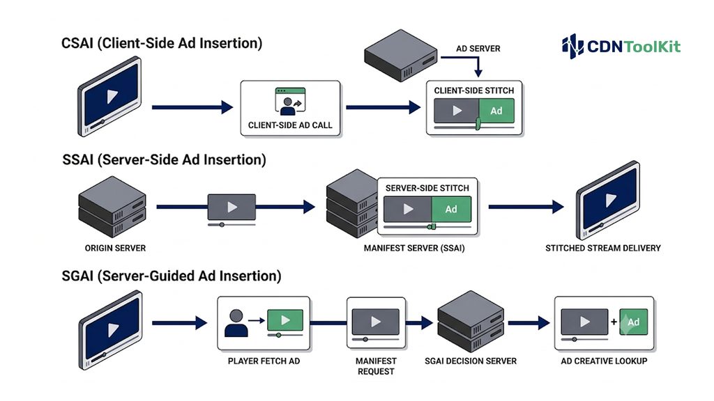Comparison of server-side (SSAI), client-side (CSAI) and server-guided (SGAI) ad insertion