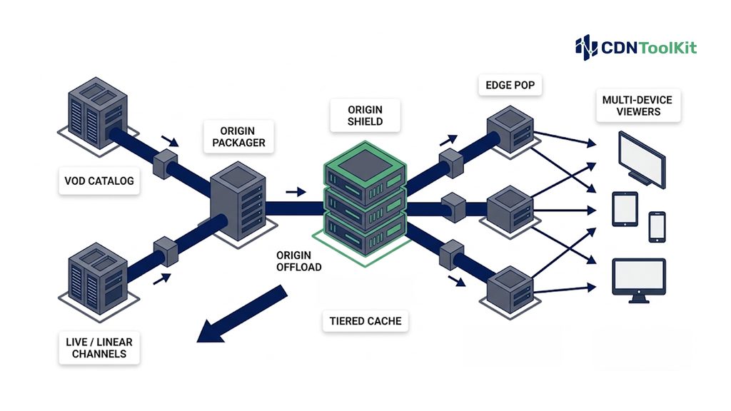 OTT CDN architecture: origin, origin shield, edge PoPs serving VOD catalog and live linear channels to multi-device viewers