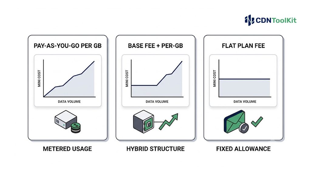 Three CDN pricing models: CDN pricing comparison pay-as-you-go per GB, base fee plus per-GB, and flat plan fee