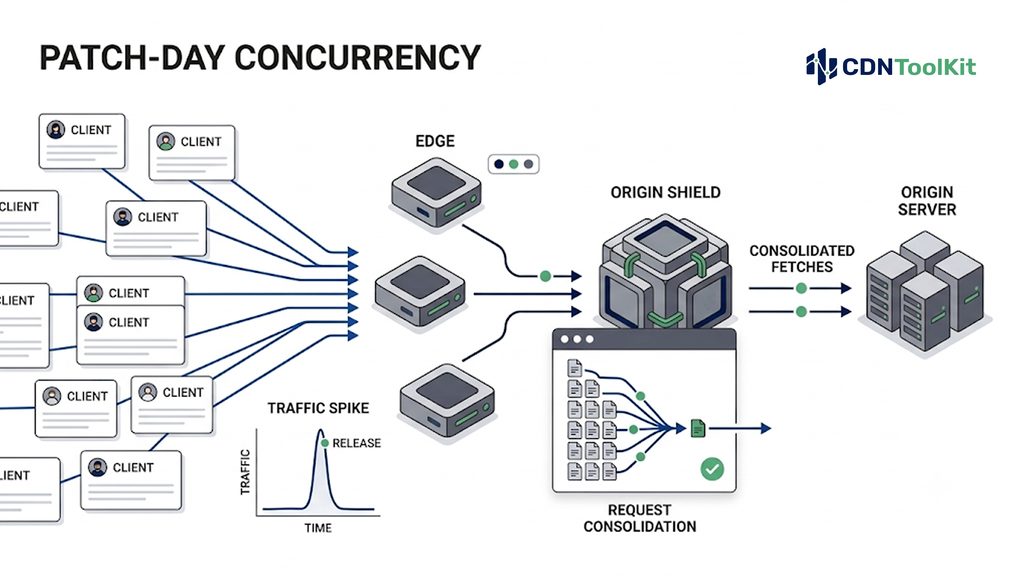A release-day download spike where many clients request the same large update at once, absorbed by CDN edge and origin shield