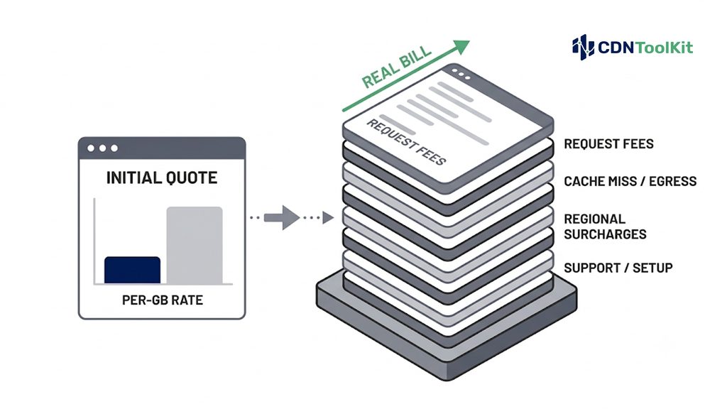 How a low per-GB CDN rate can become expensive through request fees, cache misses, origin egress, and regional surcharges