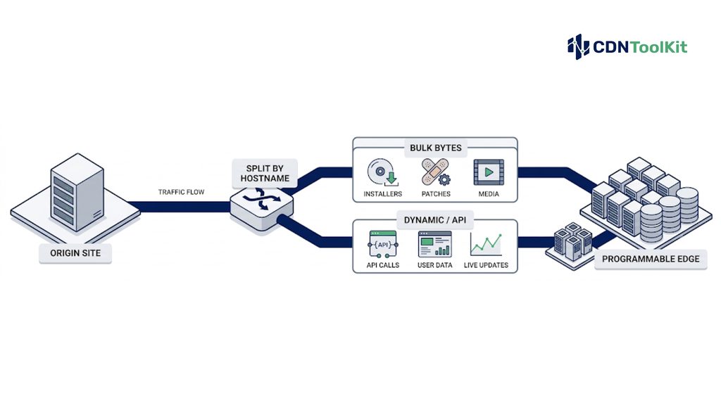 Split CDN architecture routing bulk large-file traffic to a volume CDN and dynamic/API traffic to a programmable edge