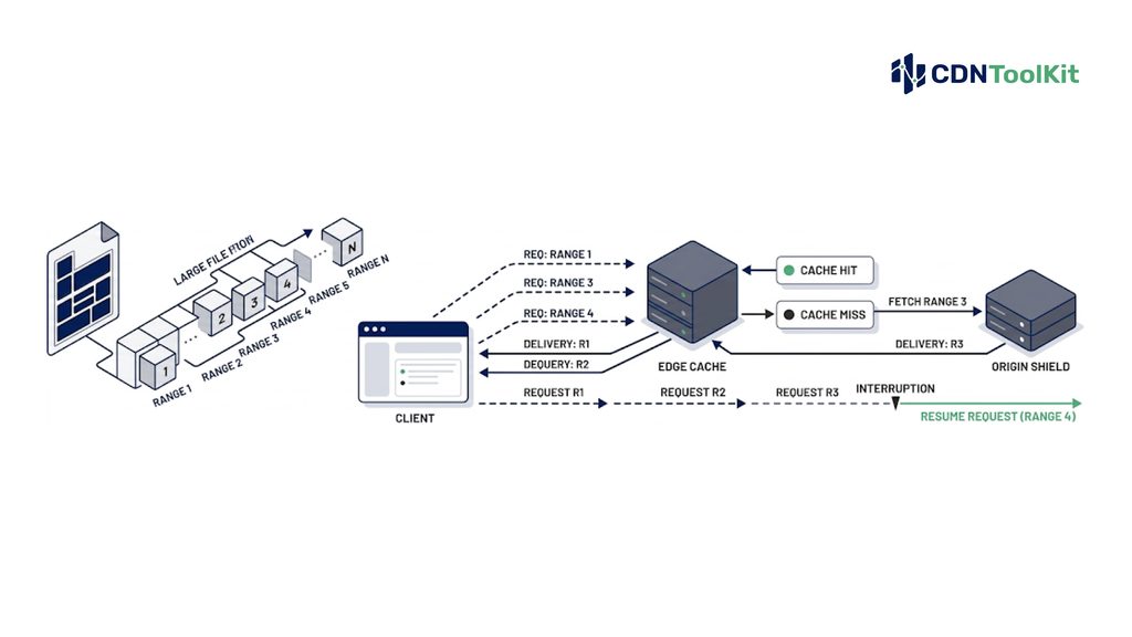 How a CDN splits a large file into byte-range chunks for resumable, parallel downloads from the edge